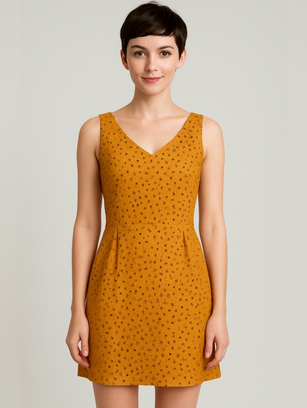 Sleeveless Mustard Yellow & Hearts Mini Dress Back Zip & Pockets Twee Academia